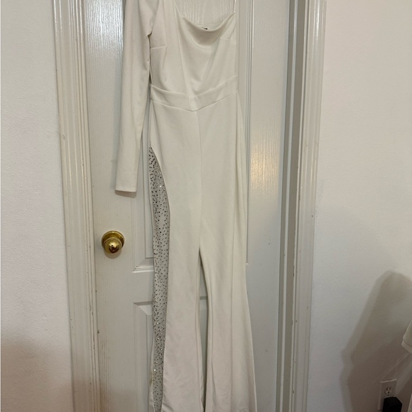 Chic White Rhinestone Flare Jumpsuit - Picture 2 of 5